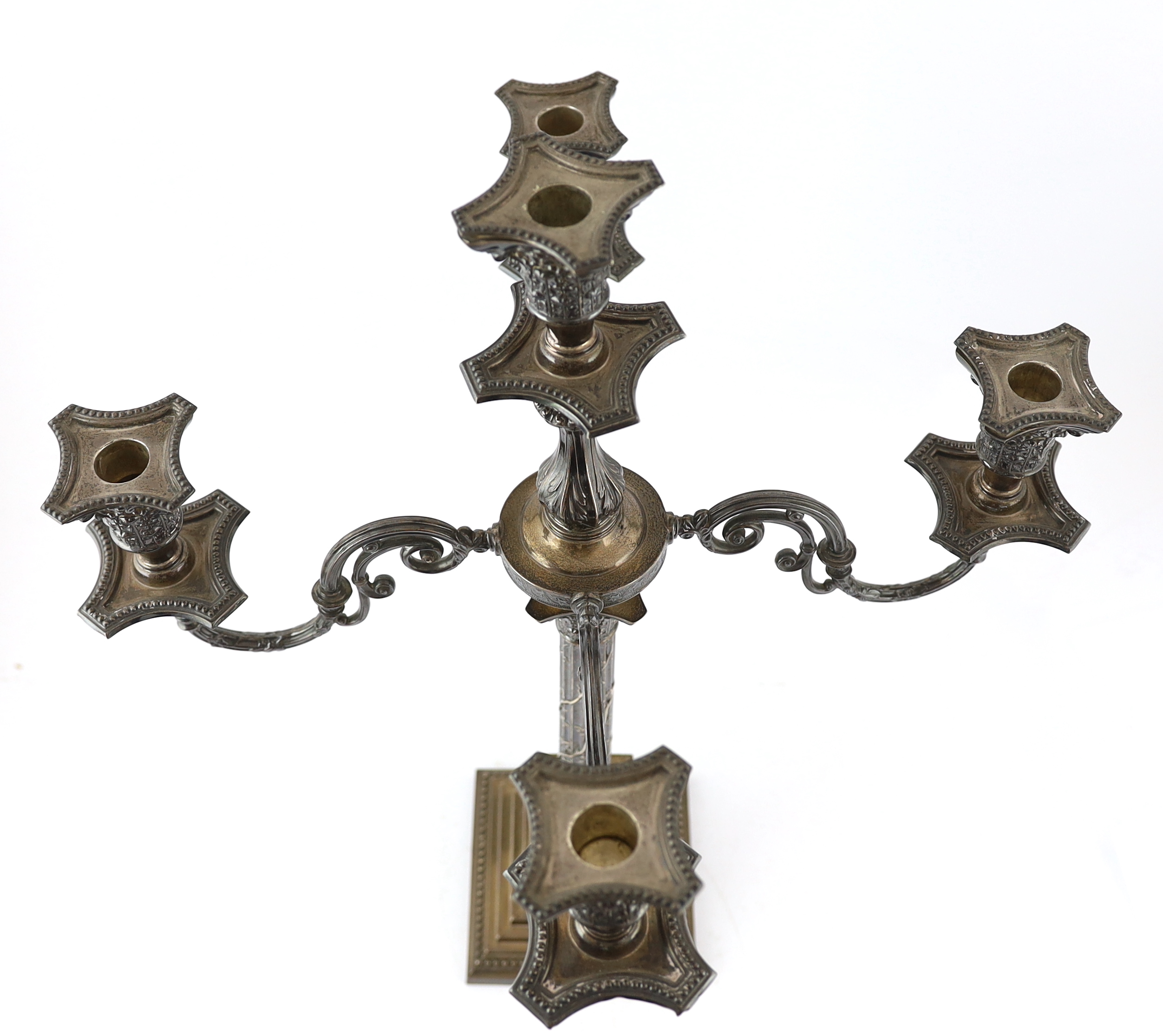 An Edwardian silver four branch, five light Corinthian column candelabrum, by James Deakin & Sons